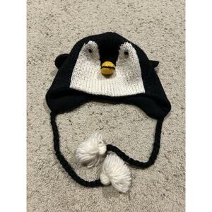 Youth Penguin Knit WOOL HAT from Nepal Fleece Lined EAR FLAPS Black Winter H25